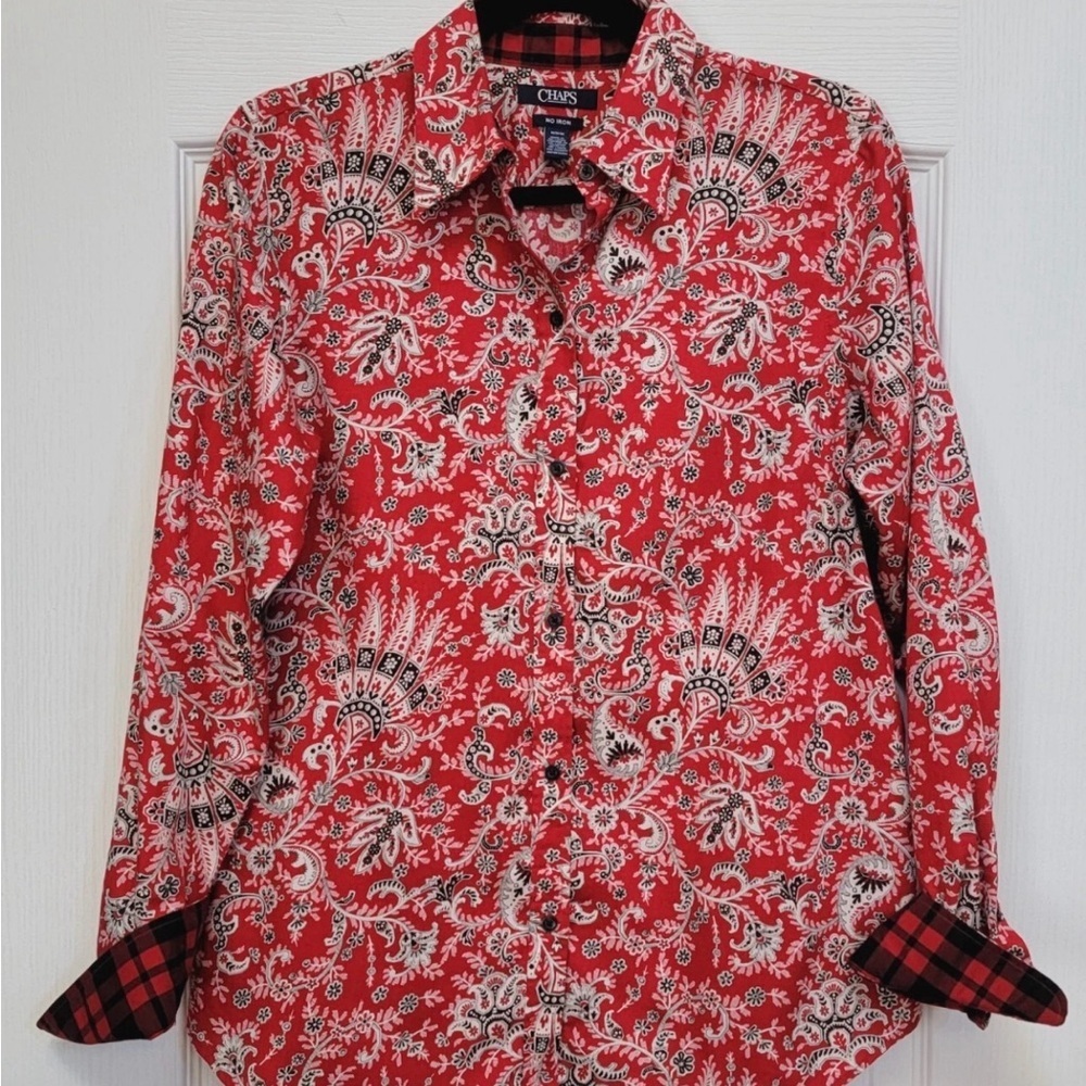 Chaps Shirt Women's Sz 2X No Iron Red Paisley Button-Up Buffalo Plaid Flip Cuff - Picture 2 of 7